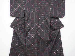 アンティーク　格子に琉球絣柄織り出し手織り紬着物